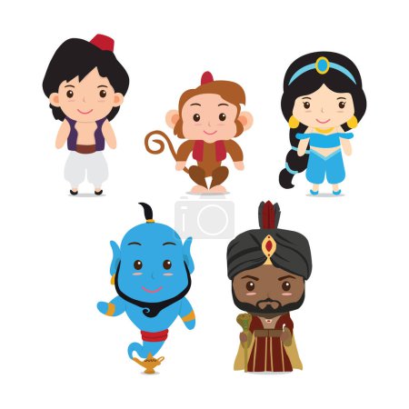 Illustration for Set of chibi Aladdin cartoon vector illustration - Royalty Free Image