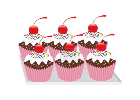 Ilustración de Conjunto de pasteles dulces. dulces de chocolate, cupcakes, cerezas, fresas sobre un fondo blanco. ilustración vectorial - Imagen libre de derechos