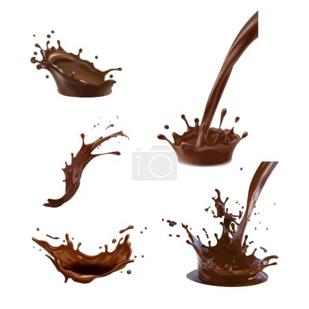 Set vector 3D illustrations, splashes and drops of melted dark chocolate, dynamic splashes of chocolate. Print, template, design element for packaging, advertising