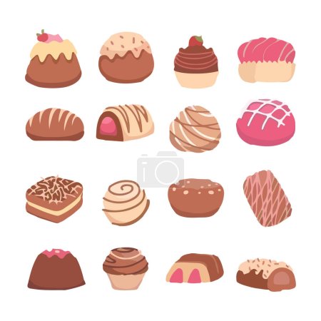 Set of chocolate desserts from boxes for special holidays, valentine day, for a lunch snack or coffee break. Vector Illustration