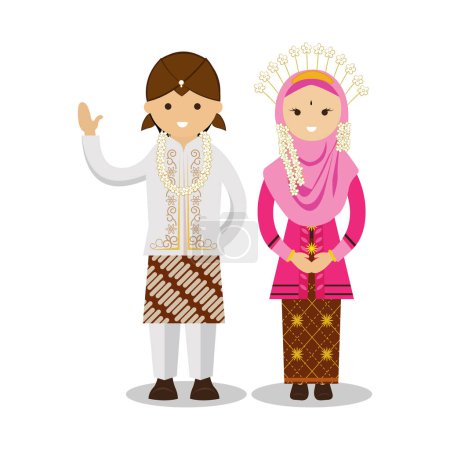 Illustration for Javanese Muslim Bride and Groom Vector Cartoon Illustration - Royalty Free Image