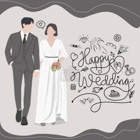 Illustration for Beautiful young bride and groom couple holding hands on wedding day vector illustration - Royalty Free Image
