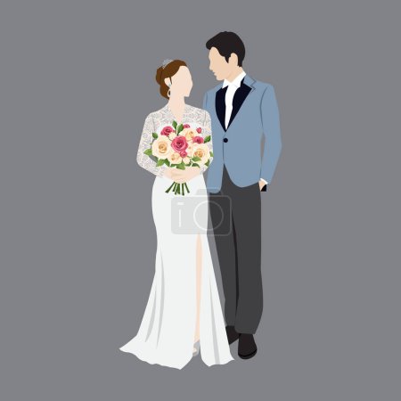 Illustration for Beautiful young bride and groom couple holding hands on wedding day vector illustration - Royalty Free Image