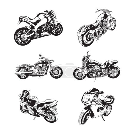 Retro Motorrad Silhouette Set mit verschiedenen Winkeln. Handgezeichnete Vektorillustration