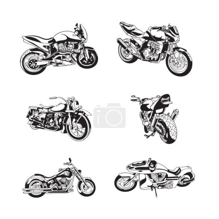 Illustration for Retro motorcycle silhouette set with different angles. Hand drawn vector illustration - Royalty Free Image