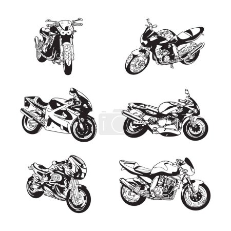 Retro motorcycle silhouette set with different angles. Hand drawn vector illustration