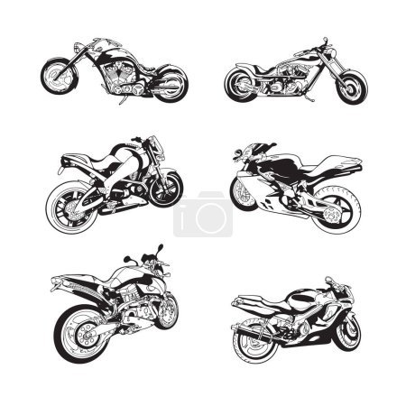Illustration for Retro motorcycle silhouette set with different angles. Hand drawn vector illustration - Royalty Free Image