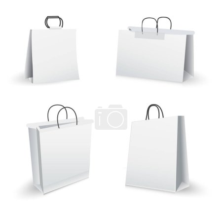Mockup-Set der Realistischen Einkaufstasche für Branding und Corporate Identity Design. Papierverpackungsvorlage isoliert auf weißem Hintergrund. 3D realistische Vektordarstellung