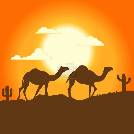 Téléchargez les illustrations : Illustration du kareem du Ramadan. Des chameaux traversant le désert au beau coucher de soleil. Illustration vectorielle - en licence libre de droit