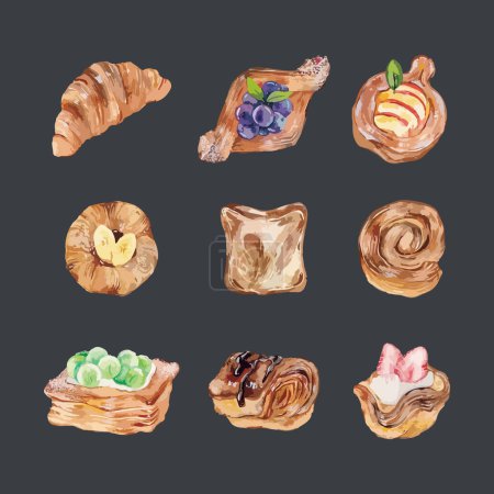 Set of pastries in watercolor style hand drawn vector illustration. 