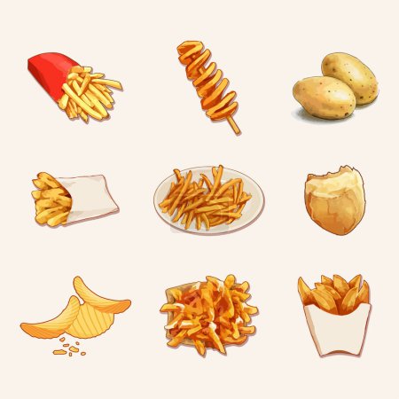Raw sliced potatoes, french fries, potato wedges, potato chips, tornado potato, twisted spiral chips. Potatoes vegetable products, chopped and peeled potatoes watercolor vector illustration set.