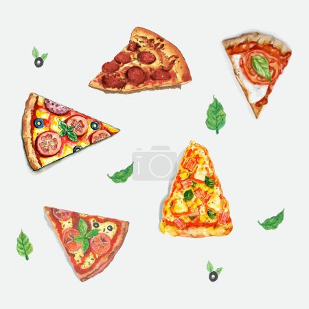 Téléchargez les illustrations : Trancher la pizza vectorielle avec tomate, fromage, basilic, salami sur fond blanc. Doodle vue du dessus. Illustration de menu dessinée à la main, croquis ligne et aquarelle. - en licence libre de droit