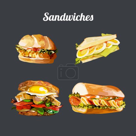 Set of delicious juicy sandwiches filled with vegetables, cheese, meat, bacon. Watercolor vector illustration