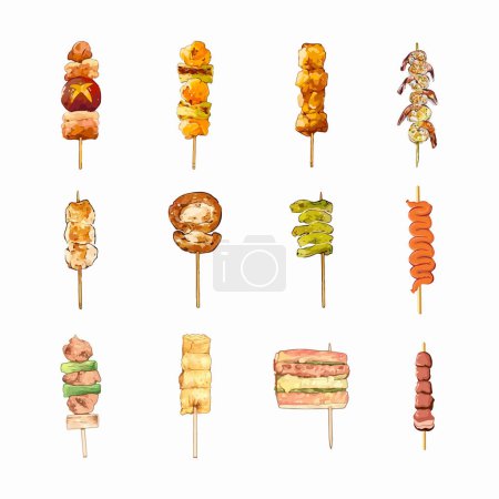 Set of various types of satay such as shrimp satay, clams, quail eggs, chicken, and intestine satay are special menus for angkringan. Hand drawn watercolor vector illustration