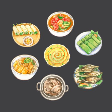 Illustration for Vietnamese cuisine dishes watercolor vector illustration set. - Royalty Free Image