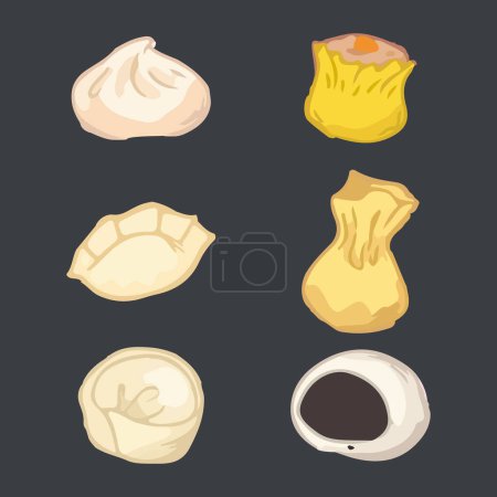 Illustration for Set of homemade dumplings. Xiao Long Bao, Siu Mai, Mandu, Gyoza, Wanton, Tang Yuan. Hand drawn watercolor vector illustration - Royalty Free Image