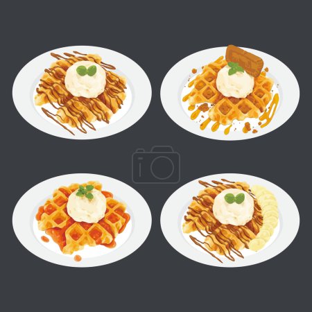 Illustration for Set of Waffles with ice cream on plate. Hand drawn watercolor vector illustration - Royalty Free Image