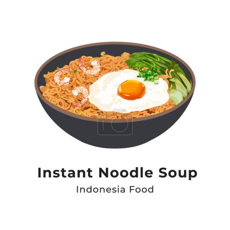 Spicy Instant noodle soup with pokcoy topping, sunny side up eggs, shrimps and chopped green onions. Indonesian Food. Hand drawn watercolor vector illustration