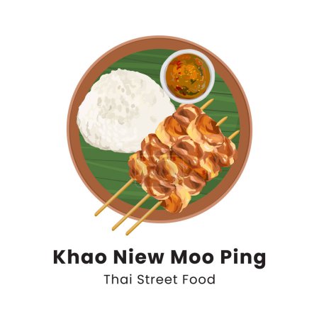 Ilustración de Khao Niew Moo Ping. Comida callejera tailandesa. ilustración vectorial acuarela dibujado a mano - Imagen libre de derechos