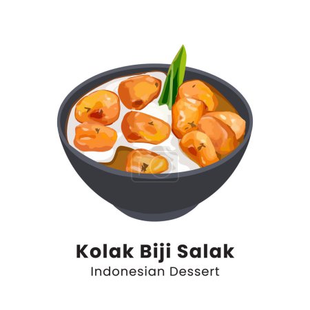 Illustration for "Kolak biji salak" Indonesian dessert made of sweet potato balls with palm sugar and coconut milk. Usually served as "takjil" to break the fast. Hand drawn vector illustration - Royalty Free Image