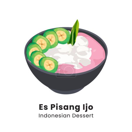 Téléchargez les illustrations : Es Pisang Ijo ou glace de banane verte, nourriture typique de Makassar, Sulawesi du sud, Indonésie. Banane recouverte de pâte de farine verte. Illustration vectorielle dessinée main - en licence libre de droit