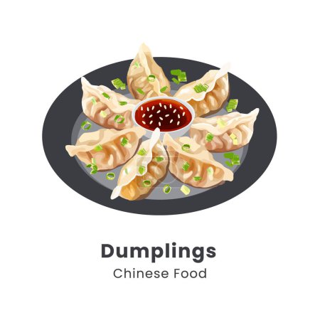 Téléchargez les illustrations : Dumplings ou gyoza avec sauce dans une assiette. Illustration vectorielle aquarelle dessinée à la main - en licence libre de droit