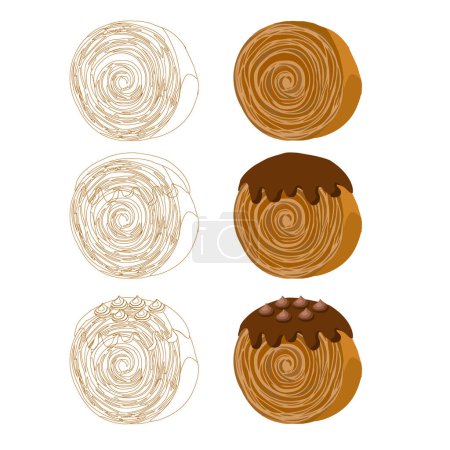 Ilustración de Ilustración vectorial dibujada a mano de nuevos rollos de york croissant o cromboloni con cobertura de chocolates - Imagen libre de derechos
