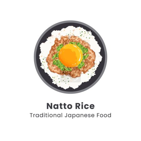 Ilustración de Ilustración vectorial de arroz con natto en un tazón, natto es frijoles de soya fermentados con Bacillus subtilis, aislados sobre fondo blanco - Imagen libre de derechos