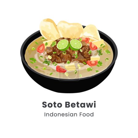 Ilustración de Ilustración vectorial dibujada a mano de sopa de carne de res o soto betawi comida indonesia - Imagen libre de derechos