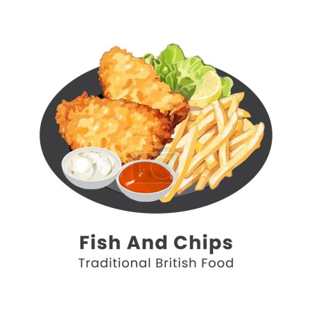 Hand drawn vector illustration of fish and chips British traditional food