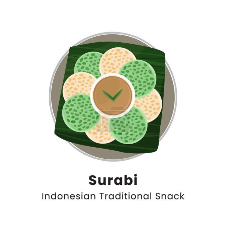 Ilustración de Surabi es panqueque indonesio comida callejera hecha de harina de arroz con leche de coco que sirve con ilustración de vector de jarabe de azúcar - Imagen libre de derechos