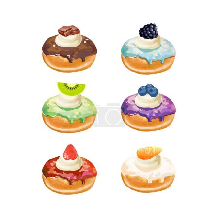 Handgezeichnete Vektorillustration von Donuts mit farbiger Glasur und bunten Streuseln