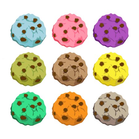 Hand drawn vector illustration of colorful cookies with chocolate chips on it