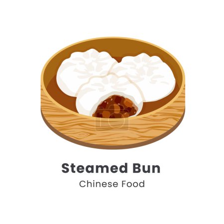 Illustration vectorielle dessinée à la main d'un pain cuit à la vapeur chinois dans un panier à vapeur en bambou