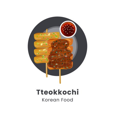 Handgezeichnete Vektorillustration traditioneller koreanischer Streetfood-Reiskuchenspieße oder Tteokkochi