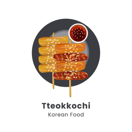 Ilustración vectorial dibujada a mano de brochetas tradicionales de pastel de arroz de comida callejera coreana o tteokkochi