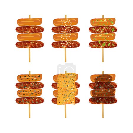 Hand drawn vector illustration of traditional korean street food rice cake skewers with sausage or sotteok sotteok