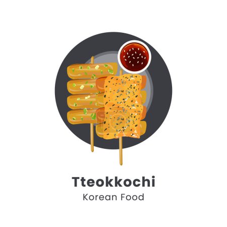 Handgezeichnete Vektorillustration traditioneller koreanischer Streetfood-Reiskuchenspieße oder Tteokkochi