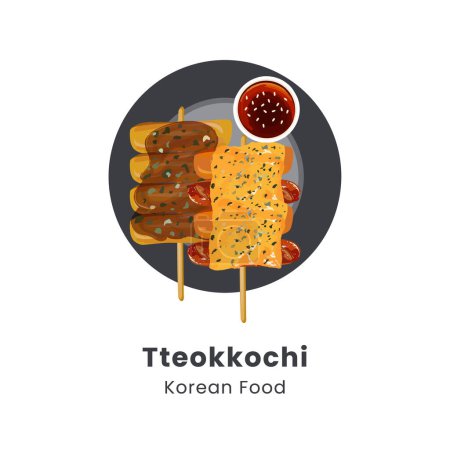 Ilustración vectorial dibujada a mano de brochetas tradicionales de pastel de arroz de comida callejera coreana o tteokkochi
