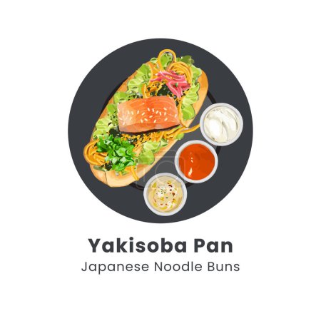 Téléchargez les illustrations : Illustration vectorielle dessinée à la main de Yakisoba Pan Japanese Noodle Sandwich - en licence libre de droit