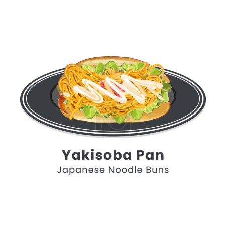 Téléchargez les illustrations : Illustration vectorielle dessinée à la main de Yakisoba Pan Japanese Noodle Sandwich - en licence libre de droit