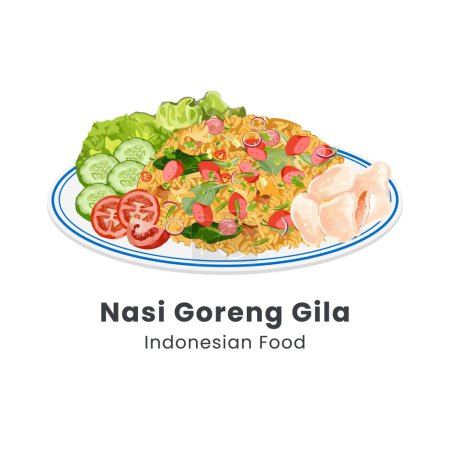 Vector illustration of Nasi Goreng Gila or Fried rice served with crackers, egg, chopped meatballs and sausages
