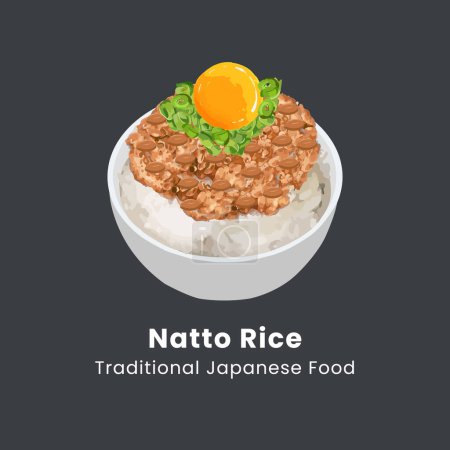 Hand drawn vector illustration of rice with natto in a bowl