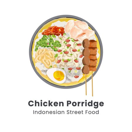 Handgezeichnete Vektorillustration von Bubur Ayam oder Hühnerbrei aus indonesischem Streetfood