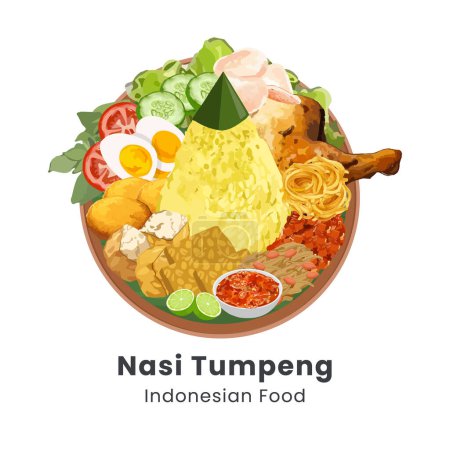 Handgezeichnete Vektorillustration von Nasi tumpeng oder indonesischem kegelförmigen Reisgericht mit Beilagen aus Gemüse und Fleisch aus der javanischen Küche Indonesiens