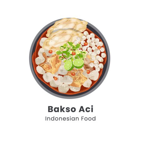 Illustration vectorielle dessinée à la main de Baso Aci nourriture traditionnelle de l'Indonésie se composent de boulettes de viande de tapioca et de tofu dans un bouillon épicé