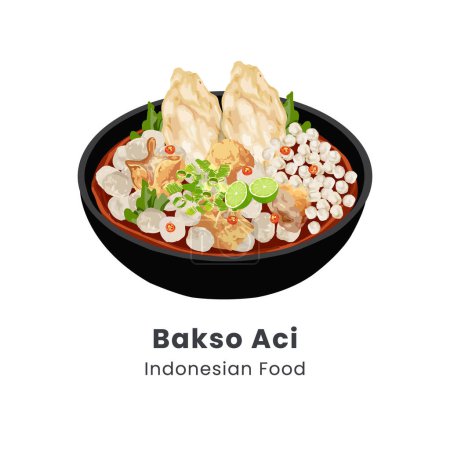 Hand drawn vector illustration of Baso Aci traditional food from Indonesia consist of tapioca meatballs and tofu in spicy broth