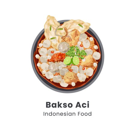 ilustración vectorial dibujado a mano de Baso Aci comida tradicional de Indonesia consisten en albóndigas de tapioca y tofu en caldo picante