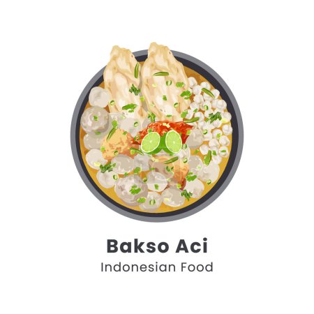Hand drawn vector illustration of Baso Aci traditional food from Indonesia consist of tapioca meatballs and tofu in spicy broth