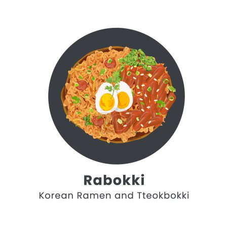 Illustration vectorielle dessinée à la main de nouilles instantanées épicées Rapokki ou Rabokki avec gâteau de riz coréen